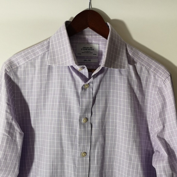 Men's Charles Tyrwhitt UK Slim Fit 15.5" Dress Button Cufflink Cuff Purple White - Picture 2 of 6